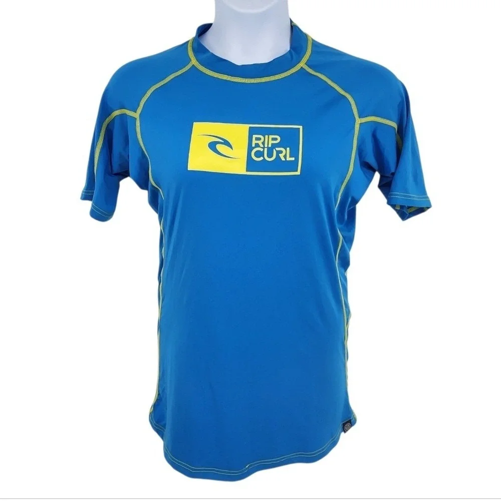 Rip Curl Mens Rash Guard Shirt Blue Yellow Logo UPF‎ 50 Short Sleeve XL